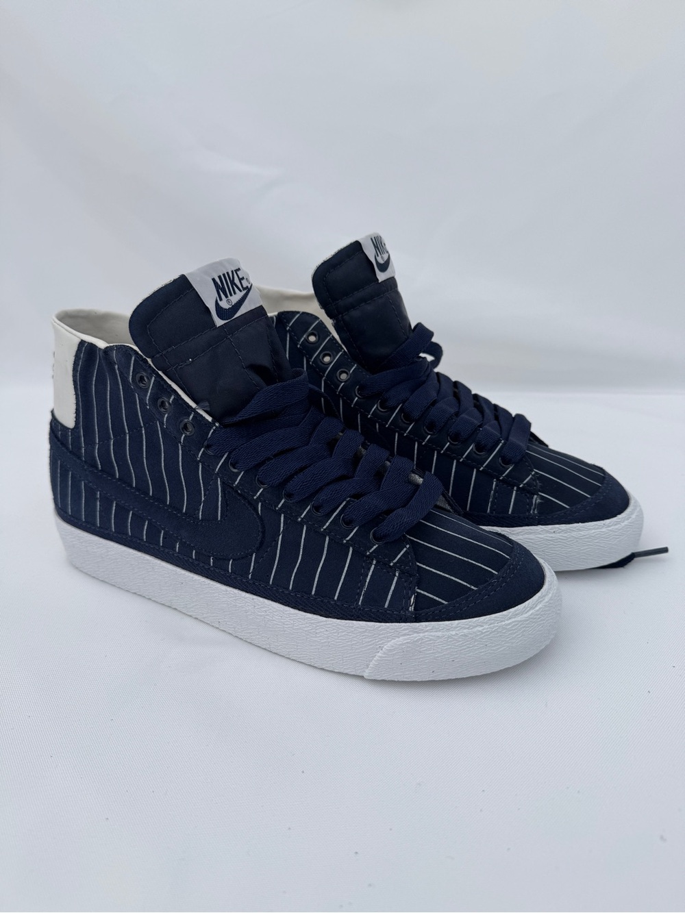Vintage Nike Blazer 77 Navy Pinstripe High-Top Sneakers with White Soles NWB
